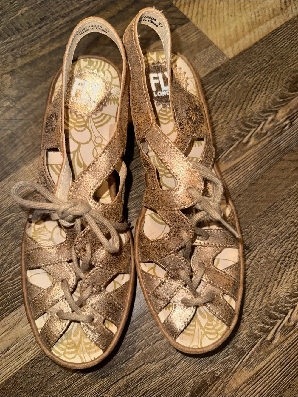 Fly London Women's Metallic Rose Gold Lace-Up Slingback Sandals